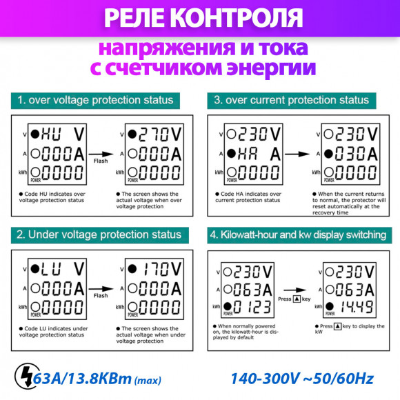Реле контроля напряжения и тока с счетчиком TOMZN TOVPD1-63VAE Реле контроля напряжения и тока с счетчиком TOMZN TOVPD1-63VAE