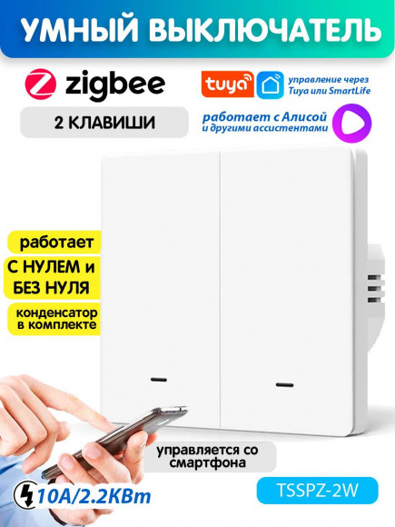 Умный выключатель Zigbee двухклавишный с индикатором Tuya Smart Life / Алиса