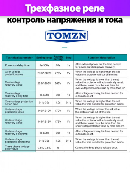 Реле контроля напряжения трехфазное TOMZN TOVPD3-63VAS с защитой от перегрузки по току и перенапряжения 63А